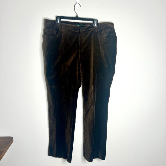 Lauren Ralph Lauren Chocolate Brown Velvet Straight Leg Mid-Rise Pants Sz 18W - Picture 1 of 3